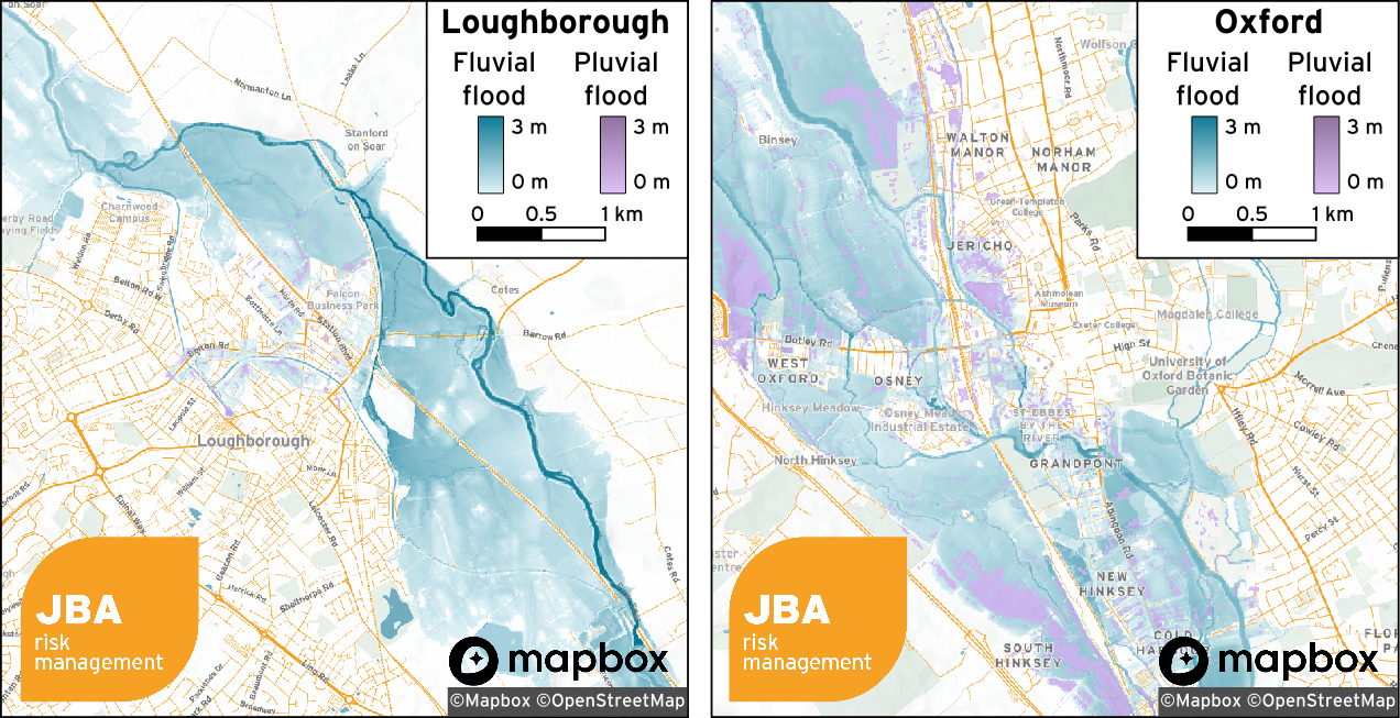 Flood map of Loughborough and Oxford
