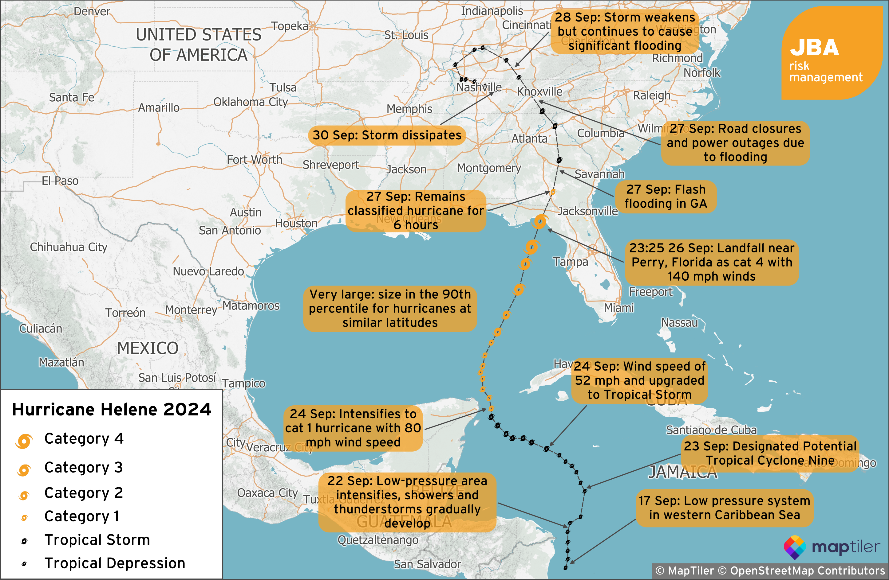 The map of the timeline and path of the hurricane