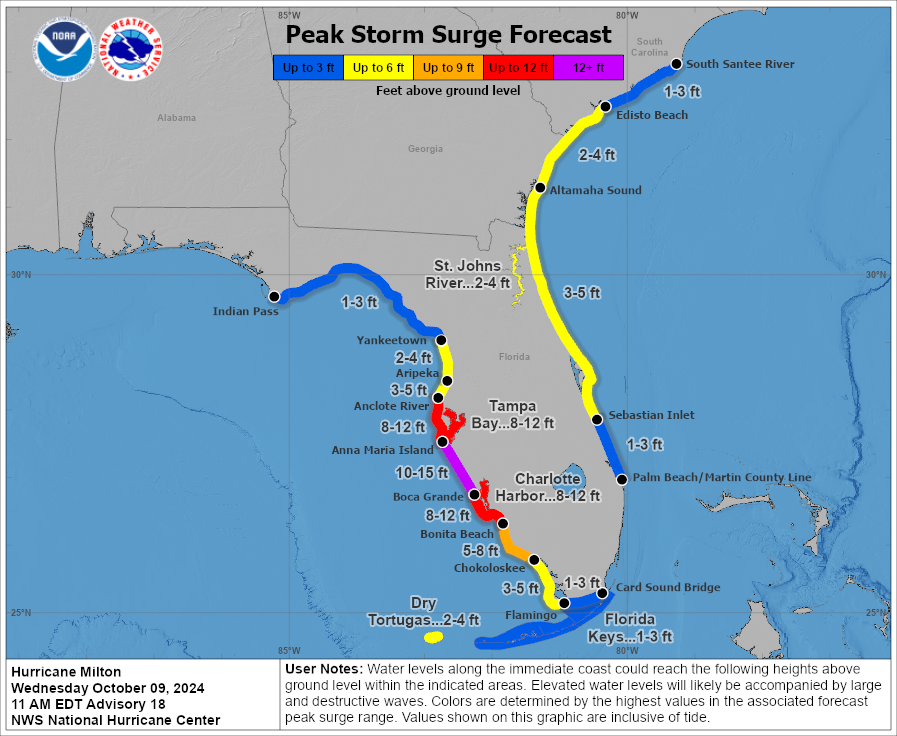 A map of Florida and storm surge forecast of the hurricane