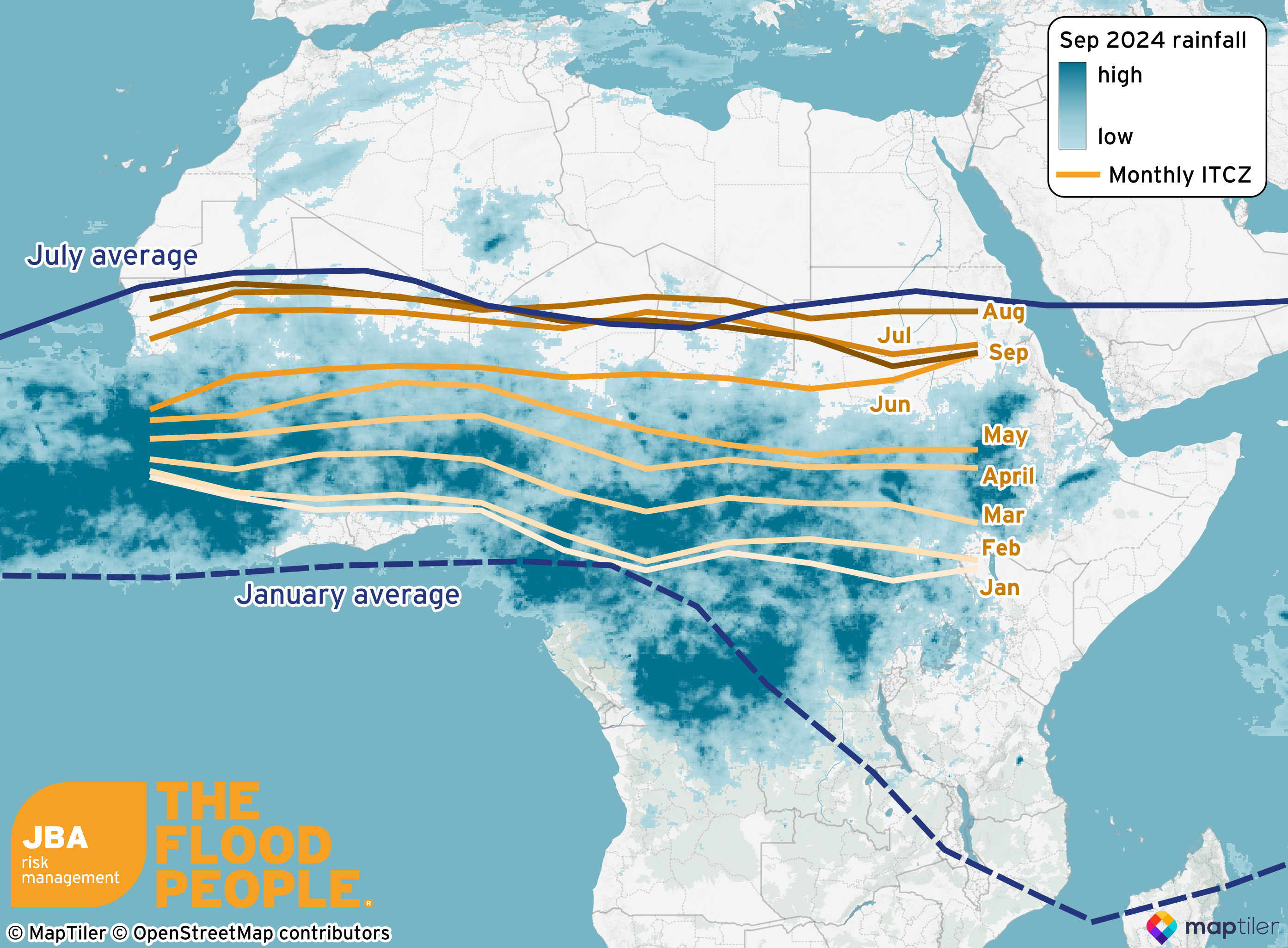 Rainfall accumulation data from low to high from January to September on a map of Africa